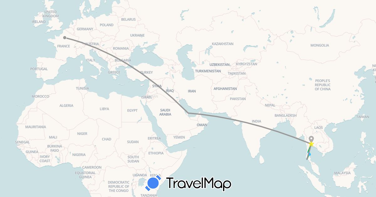 TravelMap itinerary: bus, plane, boat in France, Qatar, Thailand (Asia, Europe)